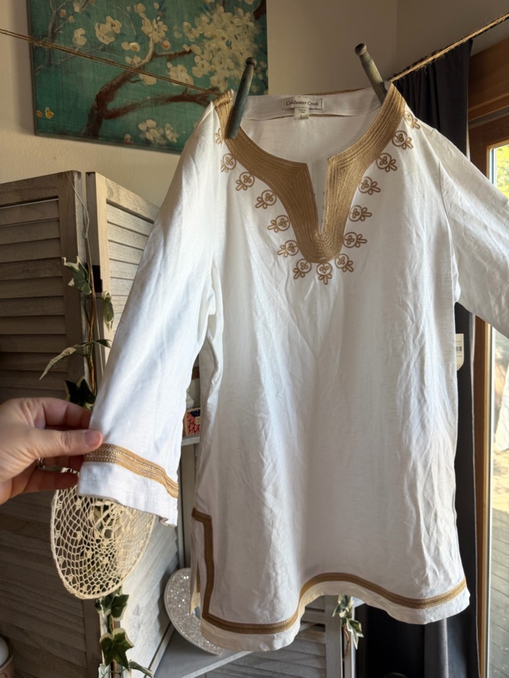 Coldwater Creek White Tunic with Gold Embroidery